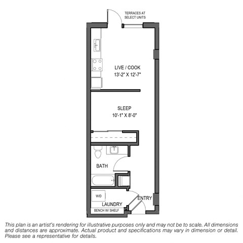 Floor plan for studio, 1 bath, 540 sqft